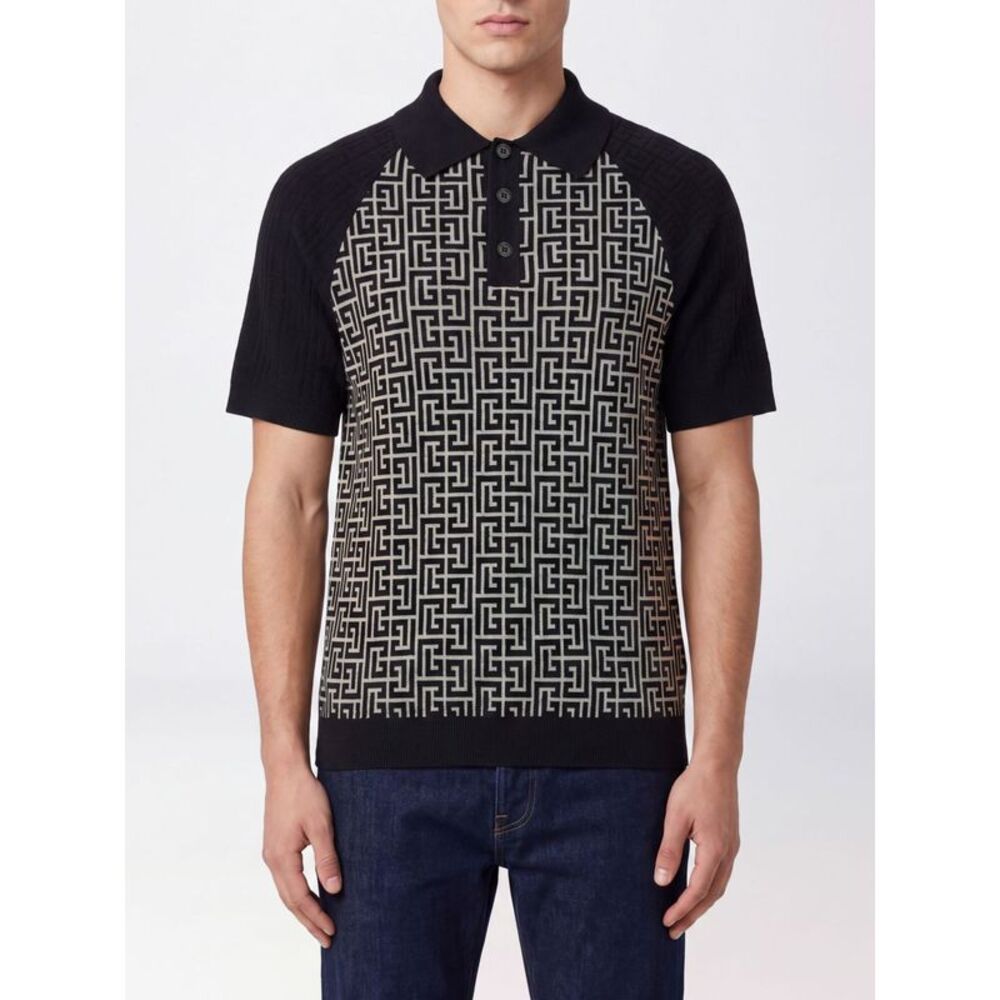 Balmain Men Balmain Pb Monogram Knitted Polo Shirt In Cotton And Linen Blend
